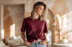 Woman wearing maroon t shirt mockup image Product Image 1