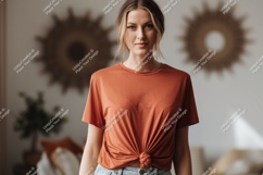 Woman wearing terracotta t shirt mockup image Product Image 1