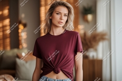 Woman wearing maroon t shirt mockup image Product Image 1