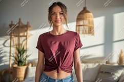 Woman wearing maroon t shirt and jeans image Product Image 1