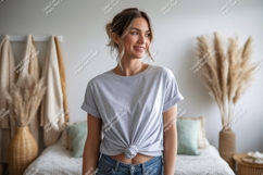Woman wearing grey t shirt mockup image Product Image 1