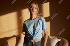 Woman wearing blue t shirt and jeans image Product Image 1