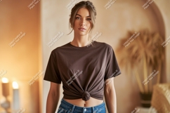 Woman wearing brown t shirt and jeans Product Image 1