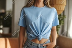 Light blue t shirt knotted on waist female fashion Product Image 1
