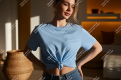 Woman wearing blue t shirt and jeans image Product Image 1