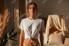 Woman wearing white t shirt and tan skirt image Product Image 1