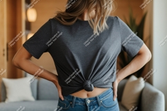 Woman wearing grey t shirt tied at waist image Product Image 1