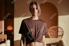Woman wearing brown t shirt knotted Product Image 1