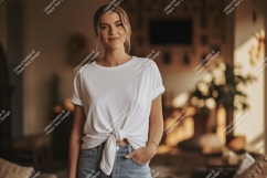Woman wearing white t shirt tied at waist image Product Image 1