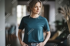 Woman wearing teal t shirt casual Product Image 1