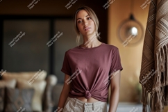 Woman wearing maroon t shirt mockup Product Image 1