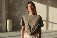 Woman wearing olive green t shirt mockup Product Image 1