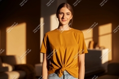 Woman wearing mustard yellow t shirt mockup image Product Image 1