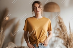 Woman wearing mustard yellow t-shirt Product Image 1
