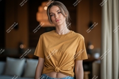 Woman wearing mustard yellow t shirt mockup image Product Image 1