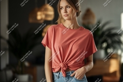 Woman wearing coral t shirt tied at waist Product Image 1