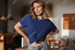 Woman wearing blue t-shirt and jeans Product Image 1