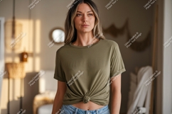 Woman wearing olive green t shirt mockup Product Image 1