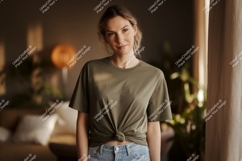 Woman wearing olive green t shirt tied at waist image Product Image 1