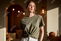 Woman wearing olive green t shirt image Product Image 1