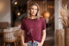 Woman wearing maroon t shirt mockup image Product Image 1