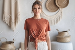 Woman wearing terracotta t-shirt mockup Product Image 1