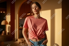 Woman wearing coral t shirt and denim jeans image Product Image 1