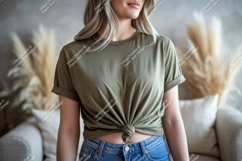 Olive green t shirt mockup with tied knot Product Image 1