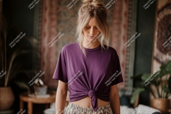Woman wearing purple t shirt tied at waist Product Image 1
