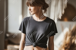 Woman wearing dark grey t shirt image Product Image 1