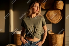 Woman wearing olive green t-shirt and denim image Product Image 1