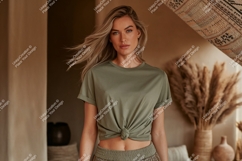 Woman wearing olive green t shirt mockup Product Image 1