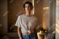 Woman wearing beige t shirt and blue jeans t-shirt Product Image 1