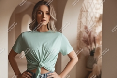 Woman wearing tied mint green t shirt image Product Image 1