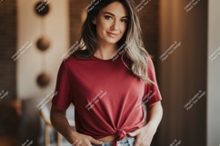Woman wearing maroon t shirt mockup Product Image 1