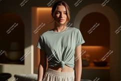 Woman wearing mint green t shirt and cream pants image Product Image 1