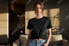 Woman wearing black t shirt and jeans image Product Image 1