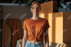 Woman wearing orange t shirt and blue jeans image Product Image 1