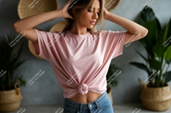 Woman pink t shirt blue jeans mockup image Product Image 1