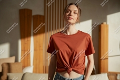 Woman wearing terracotta t shirt mockup Product Image 1