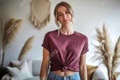 Woman wearing maroon t shirt tied at waist Product Image 1