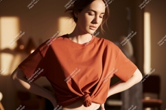 Woman in terracotta knotted t shirt image Product Image 1