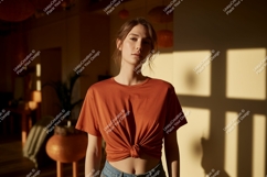 Woman wearing terracotta t shirt and jeans image Product Image 1