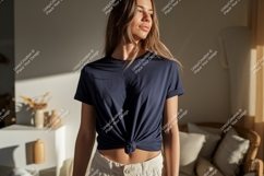Woman wearing navy t shirt mockup Product Image 1