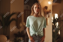 Woman wearing mint green t shirt mockup Product Image 1