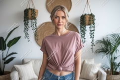 Woman wearing dusty rose t shirt mockup image Product Image 1