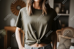 Woman wearing olive green t shirt image Product Image 1