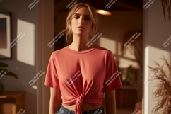 Woman wearing coral t shirt tied at waist image Product Image 1