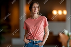 Woman wearing coral t shirt and jeans image Product Image 1
