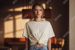 Woman wearing cream t shirt and jeans image Product Image 1